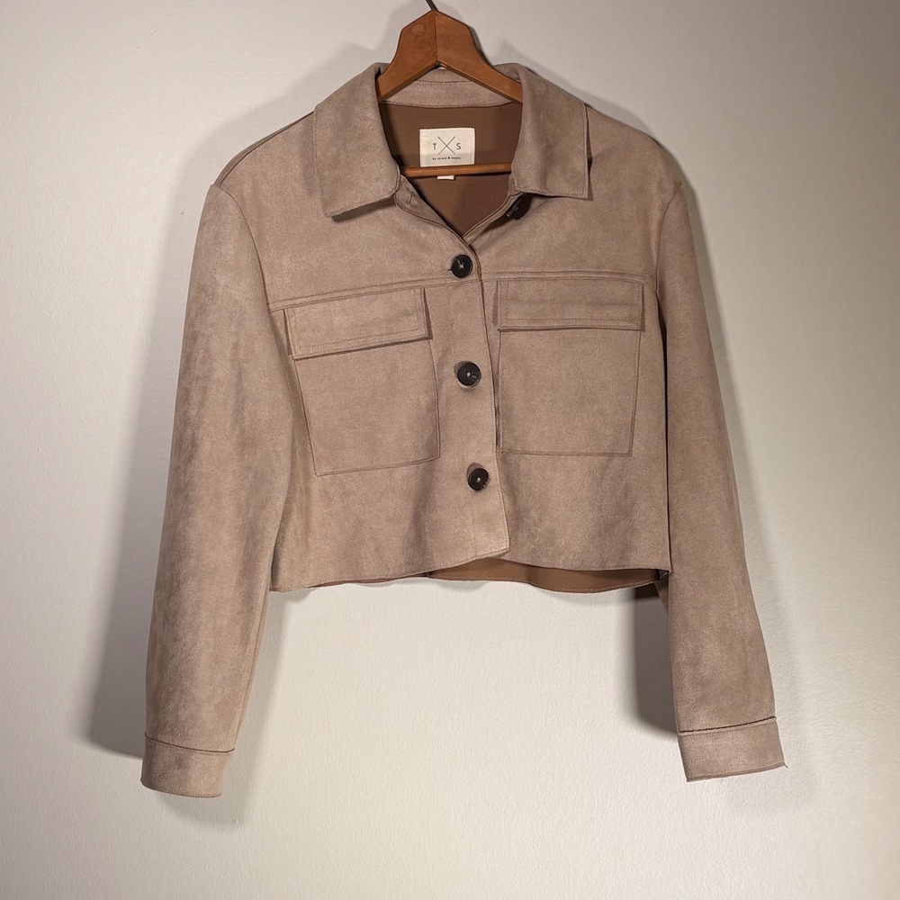 Women's Taupe Faux Suede Cropped Utility Jacket Button Front Shacket Small